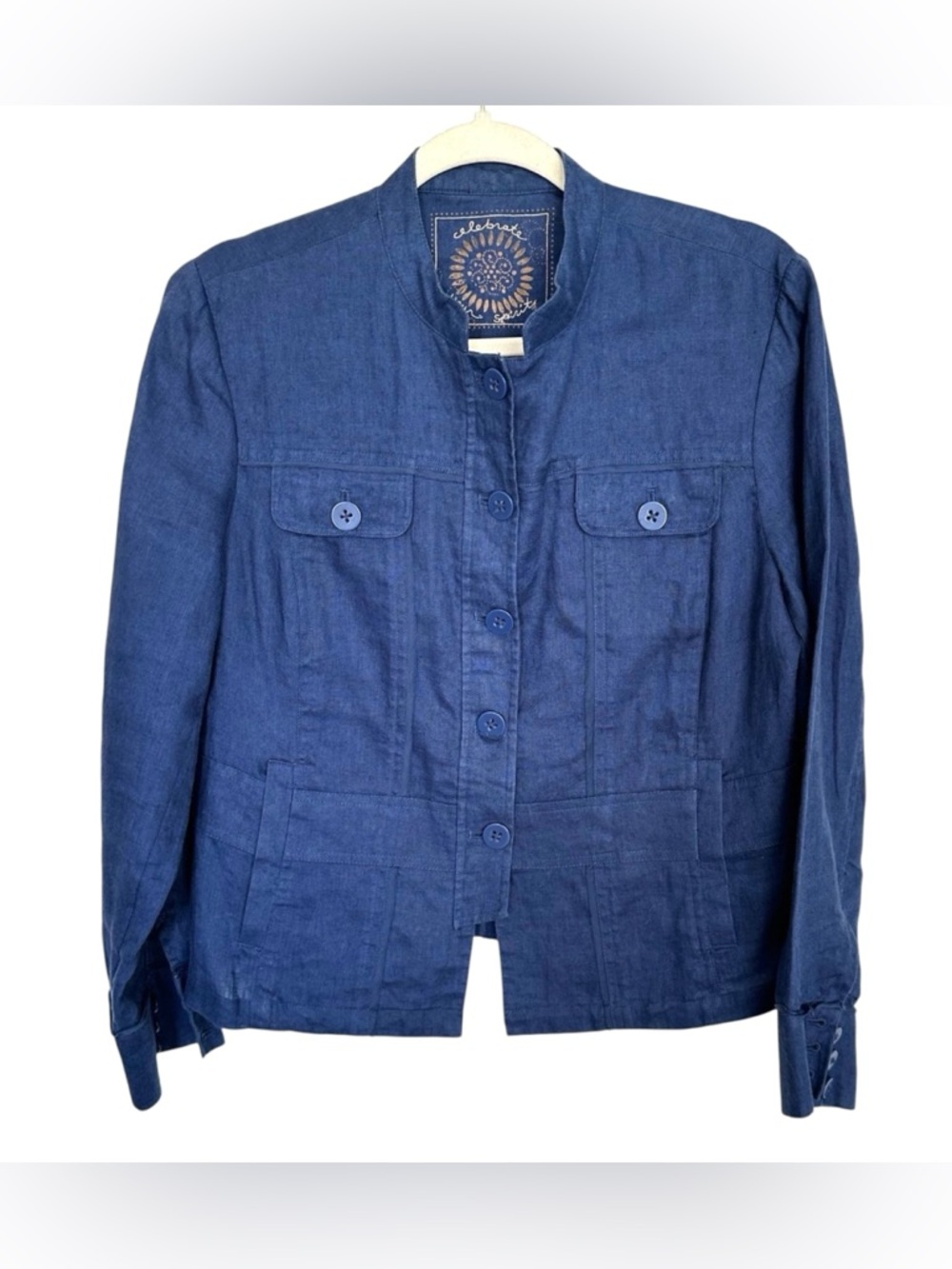 Coldwater Creek Linen Jacket Navy Button Mandarin Collar Lightweight Blazer M